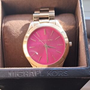 Michael Kors Gold Watch with Vibrant Hot Pink Dial